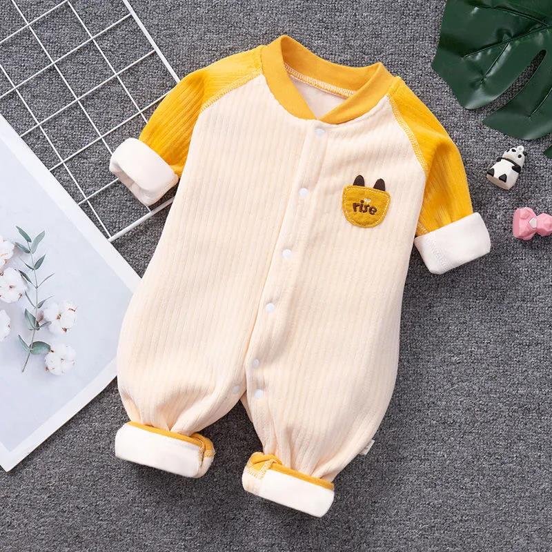 Autumn and Winter Baby Jumpsuit 0 To 6 Months Old Baby Khaki Clothes with Plush Thickened Climbing Clothes Warm Clothes for Newborn Children