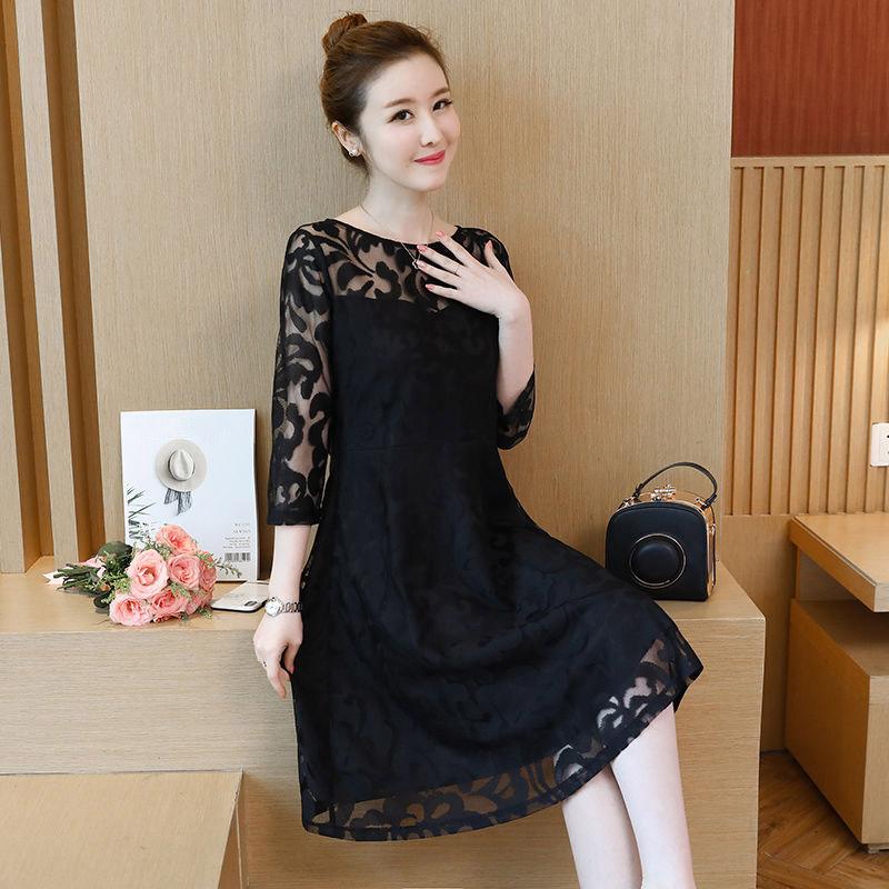 Spring Summer Temperament Fashion Women Round Neck Short Sleeve Lace Dress