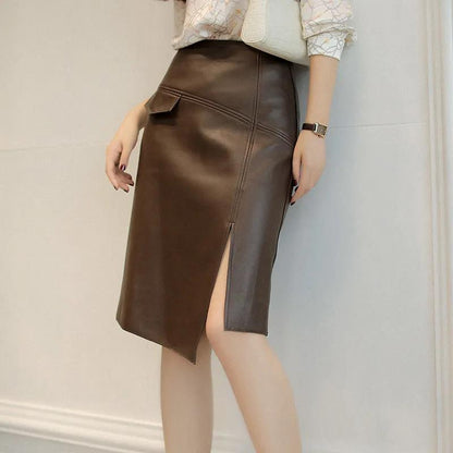 Design Skirt Women's High Waist Irregular Side Slits Slim Slimming Hips Mid-length All-match PU Leather Skirt