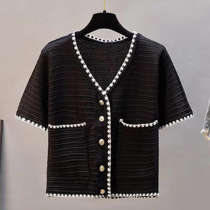 Women Spring and Summer Vintage Cardigan Elegant V-neck Single Wear Base Short Sleeve White and Black T-shirt