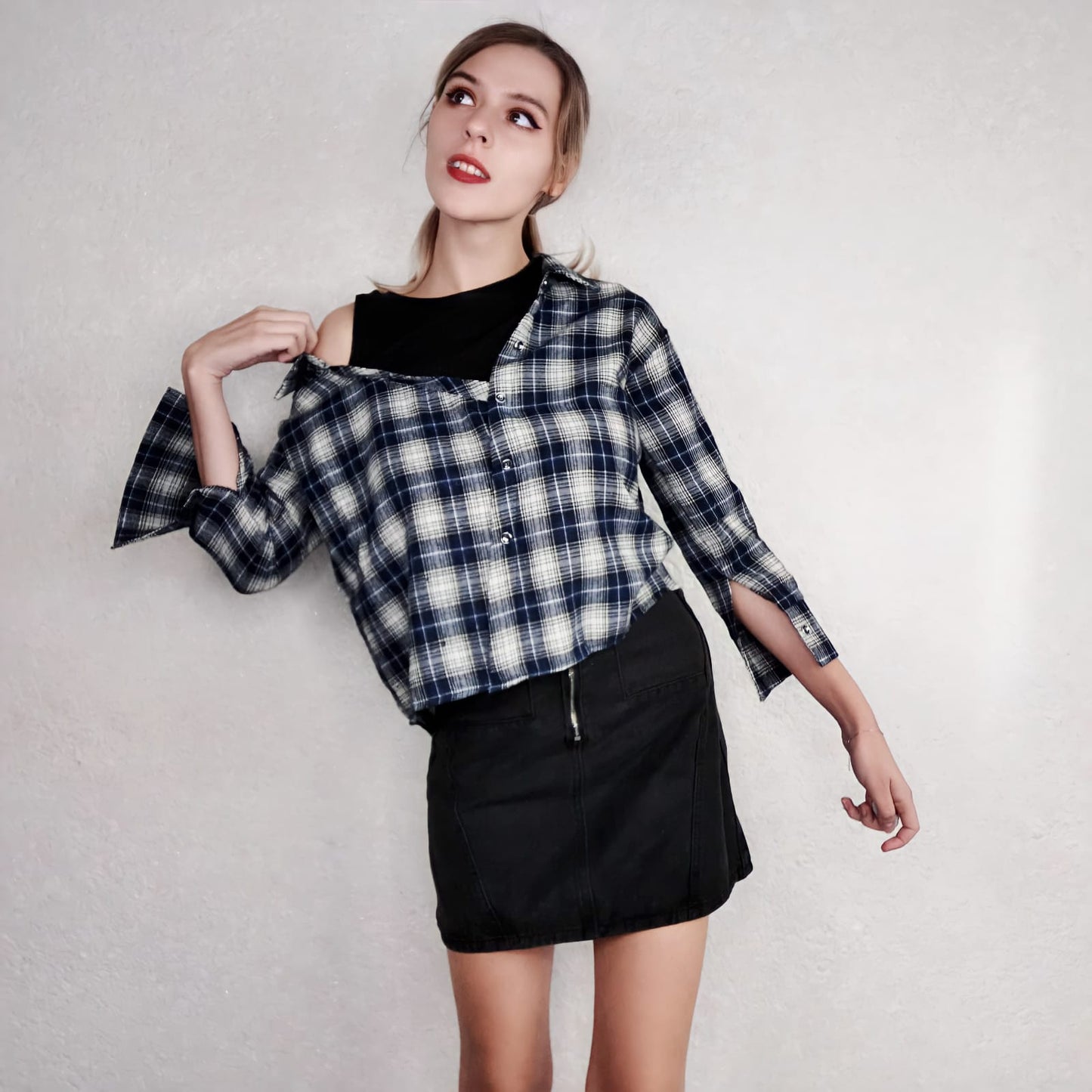 2pcs/set Autumn Plus Size Skirt Suit Female Plaid Shirt + Denim Skirt Two-piece Suit Women Outfits