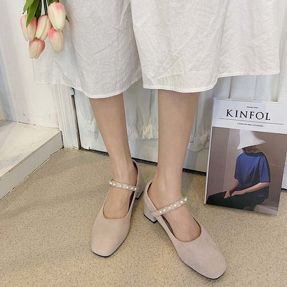 Square-toed Single Shoes Women's Wild Fashion Pumps Autumn Girl Thick-heeled French High Heels