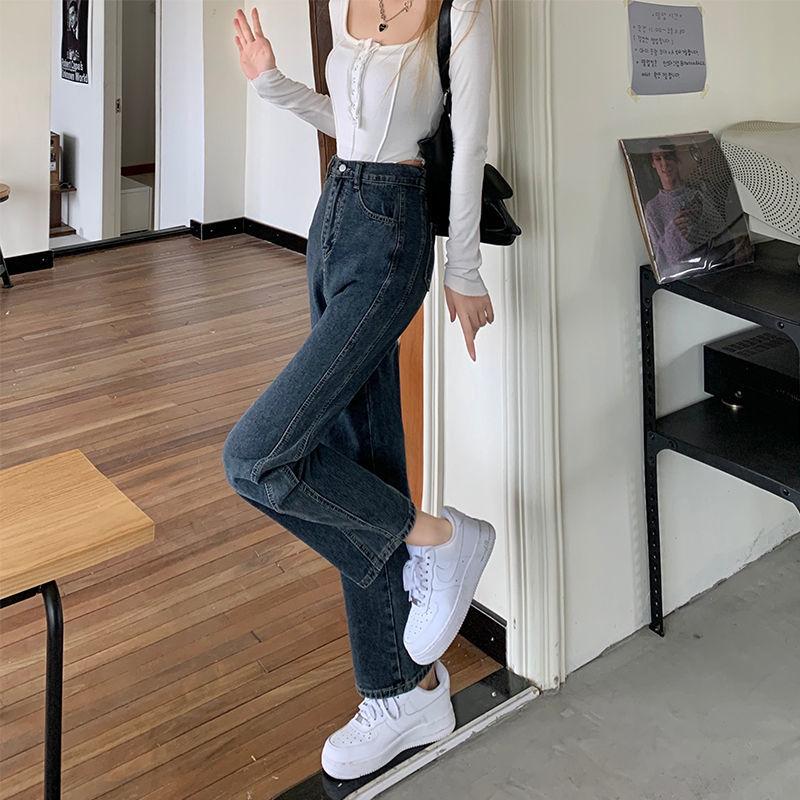 Jeans Women's Chinese Version Ins Retro Elastic Waist Wide Leg Student High Waist Thin Loose Straight Pants Trendy