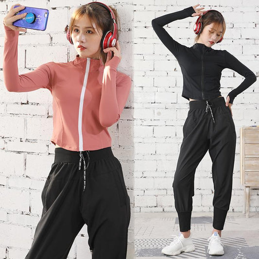 Women's Quick Dry Yoga Clothes Gym Running Sports Suit Short Long Sleeve Cardigan Zipper Top Jacket Loose Wide Leg Pants Suit Fitness Suit