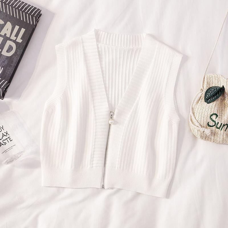 Women's Short Zipper Sweater Vest Autumn and Winter Korean Slim Sleeveless Sweater Sweater Vest Jacket