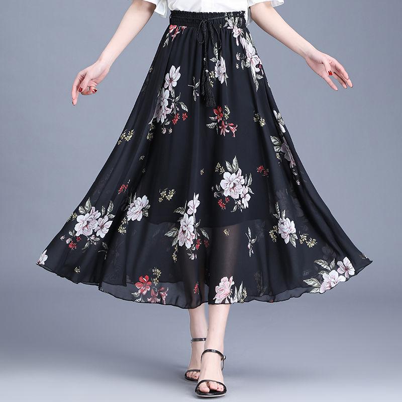 Women's Summer Pleated Floral Skirt Chiffon Fairy Dress High Waist  Mid-length A-line Draping  Beach Vacation Daily