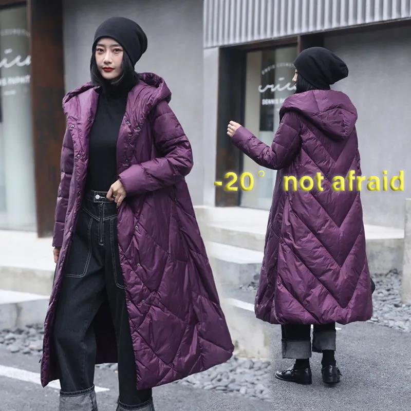 Long Down Jacket Winter Women's Art and Leisure Loose Hooded Jacket Large Size Thickened Warmth and Long Over-the-knee Jacket