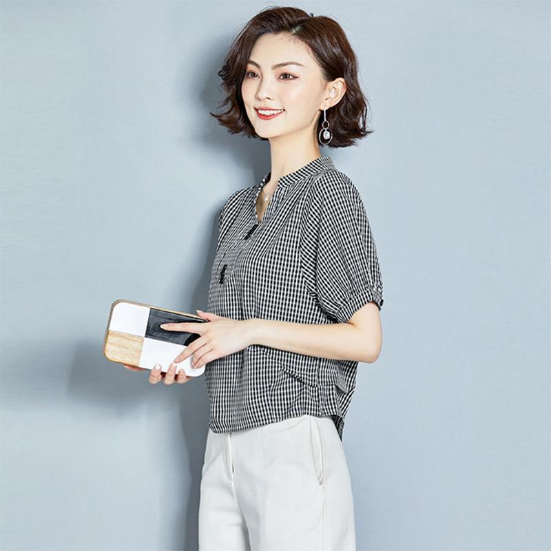 Short-sleeved Plaid Chiffon Shirt Women's Niche Design V-neck  Belly-covering Shirt