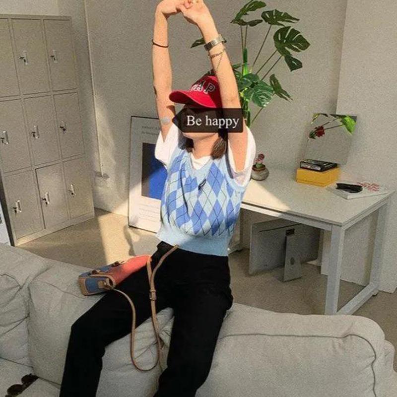 Short British Style Blue Knit Sweater Vest Vest Women Loose All-match Sleeveless Top Women's Thin Sweater College Style Casual Style