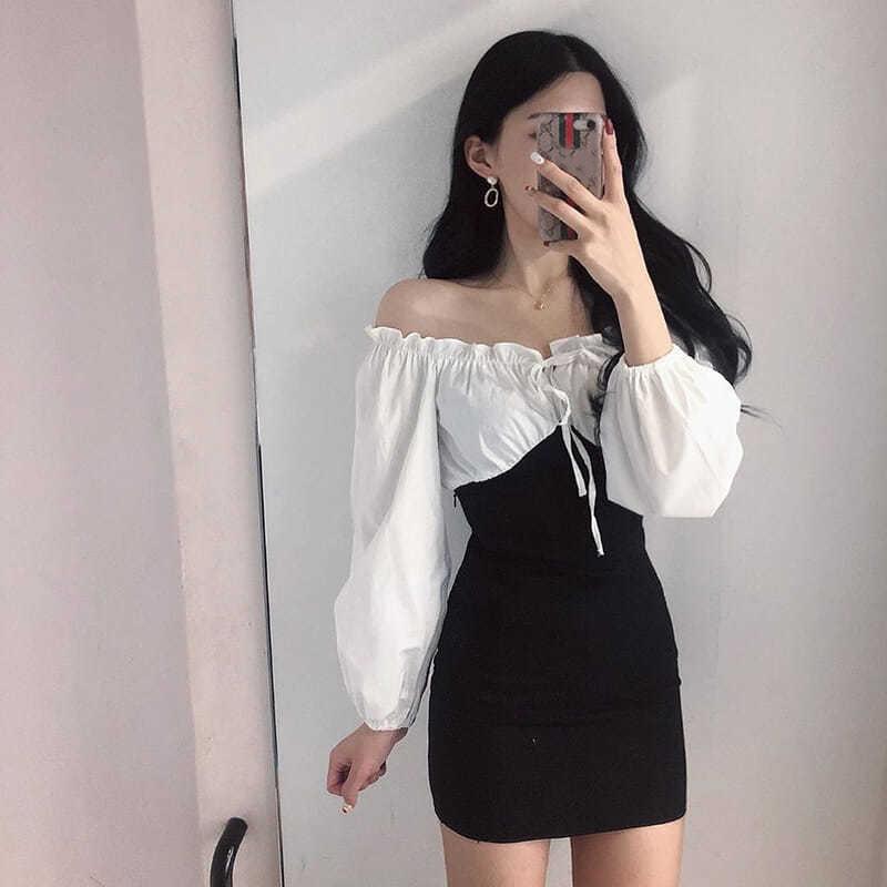 Women's Mid-length Black and White Stitching Sexy Strapless Long-sleeved Ruffled Lace-up Dress