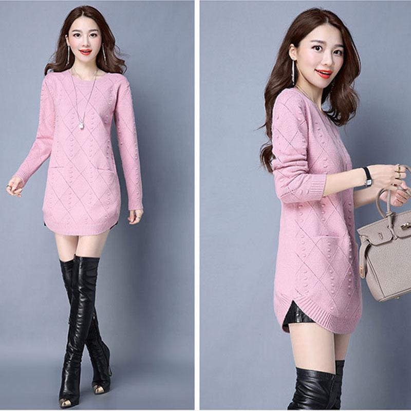 Women's Mid-length Knit Sweater Loose  Irregular Hem Pullover Sweater  Knitted  Dress  with Pockets