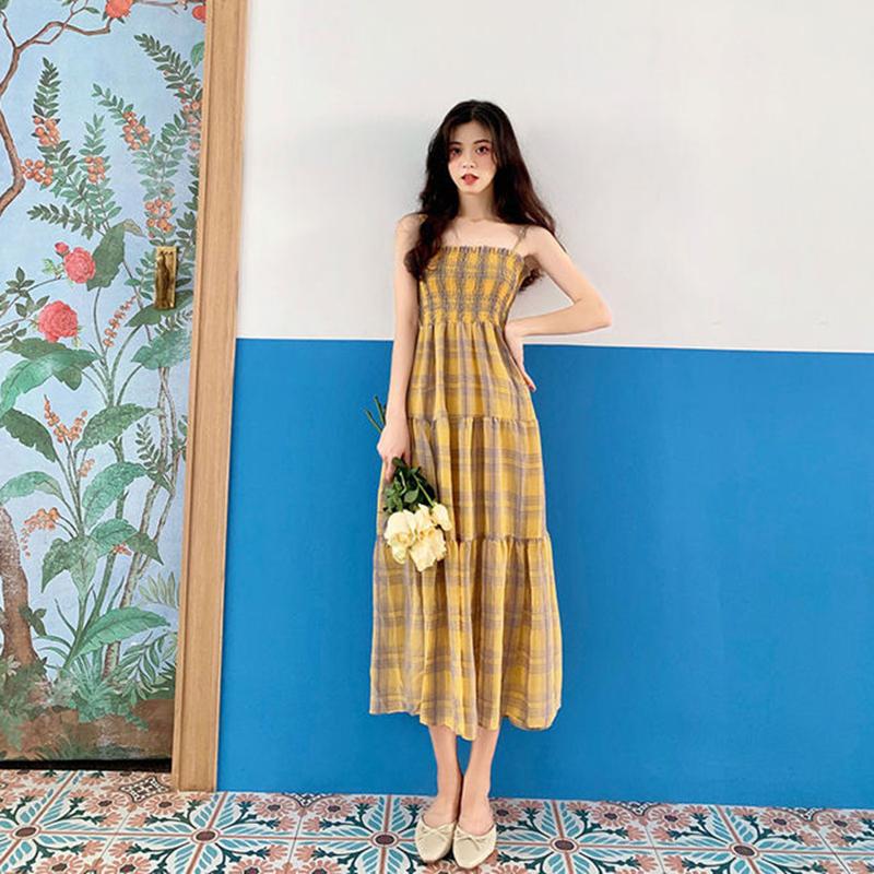 Plaid Chiffon Suspender Skirt Dress Female Summer Long French Style Over-the-knee Retro Fashion Dress