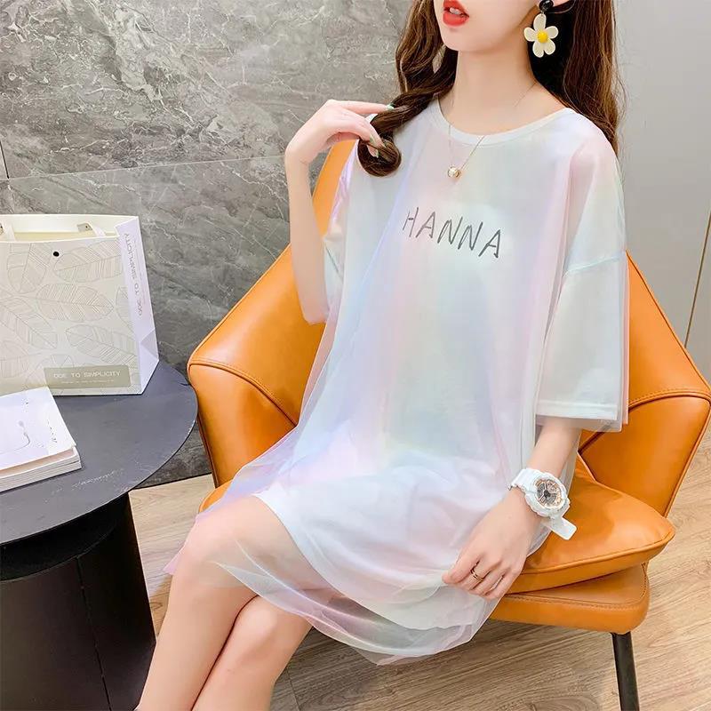 Summer Dress Women Loose O-Neck Short Sleeve Casual Above Knee T-shirt Dress  Round Neck Mesh