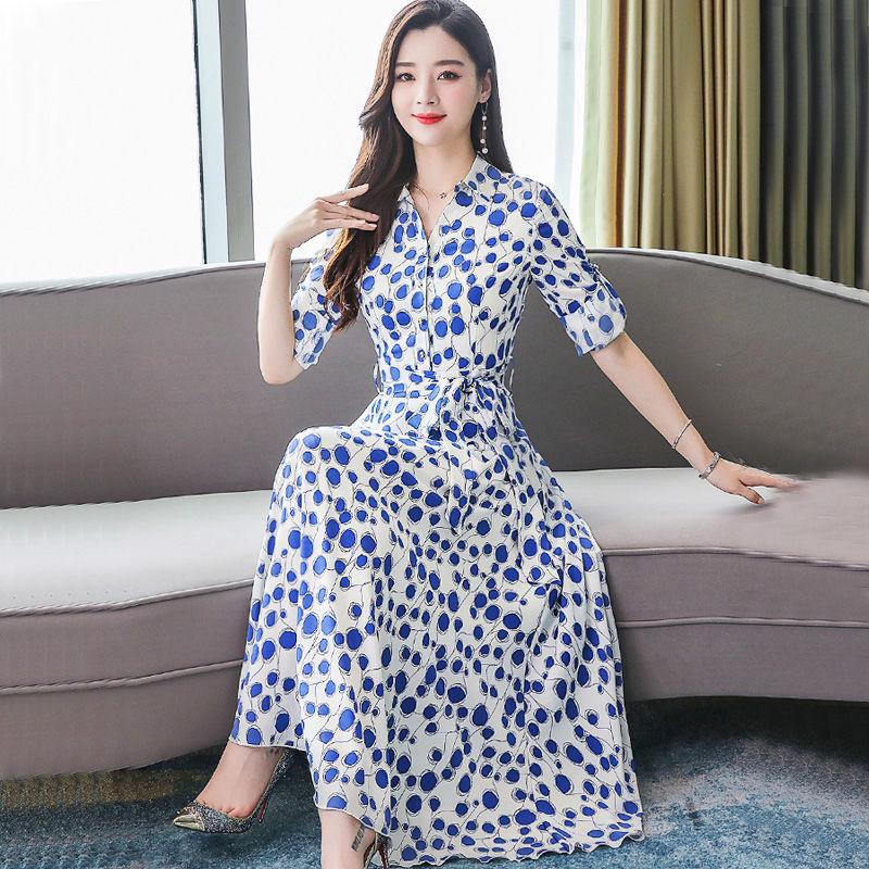 Big swing skirt long skirt spring and autumn women's floral chiffon long-sleeved dress long section