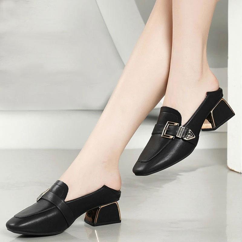 Soft Surface Comfortable Real Cowhide Thick Mid-heel Work Shoes Casual Shoes Single Shoes Women's Square Toe English Small Leather Shoes