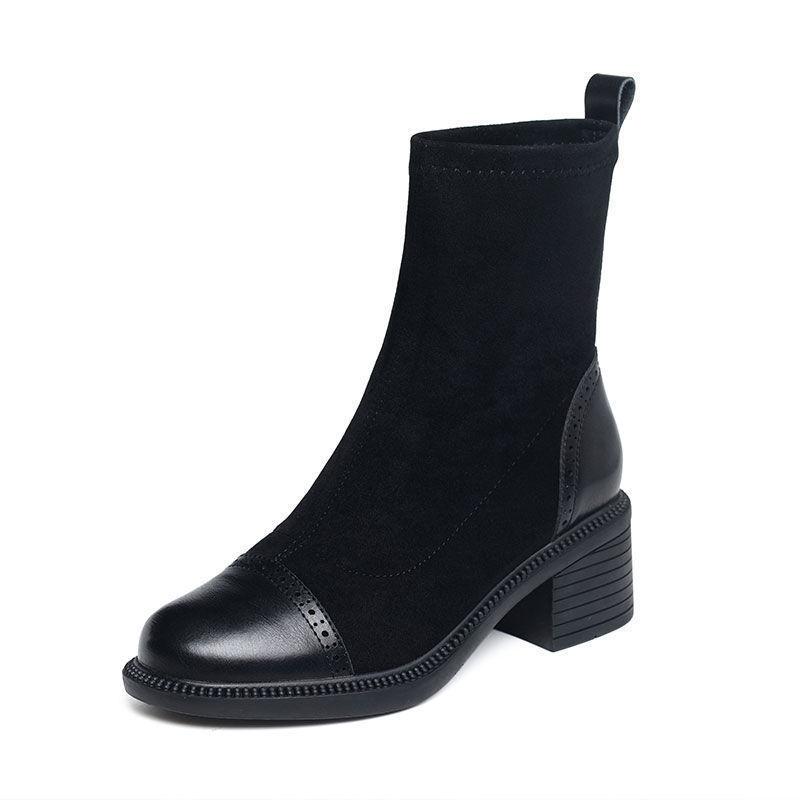 Stretch Boots Women's British Style Martin Boots Short Boots Women's Mid-tube Single Boots Motorcycle Boots Chelsea Boots