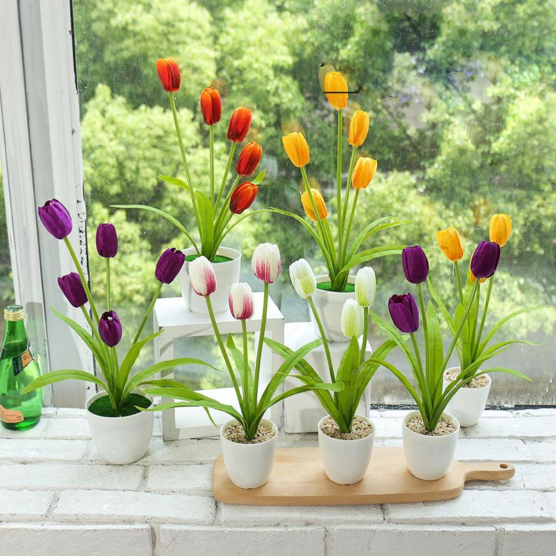 Fake Flower Tulip Bonsai Simulation Flower Creative Home Interior Dining Table Living Room Decoration Simulation Plant Artificial Flower