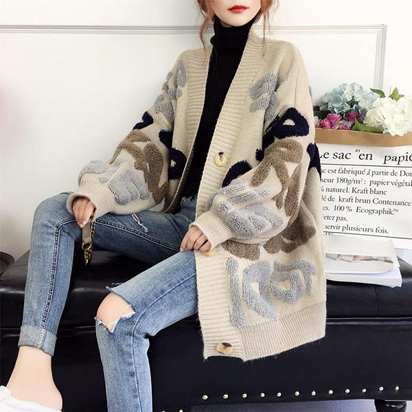 Autumn and Winter Color Matching Printed Jacket Button Knitted Cardigan Loose Long-sleeved Sweater Women