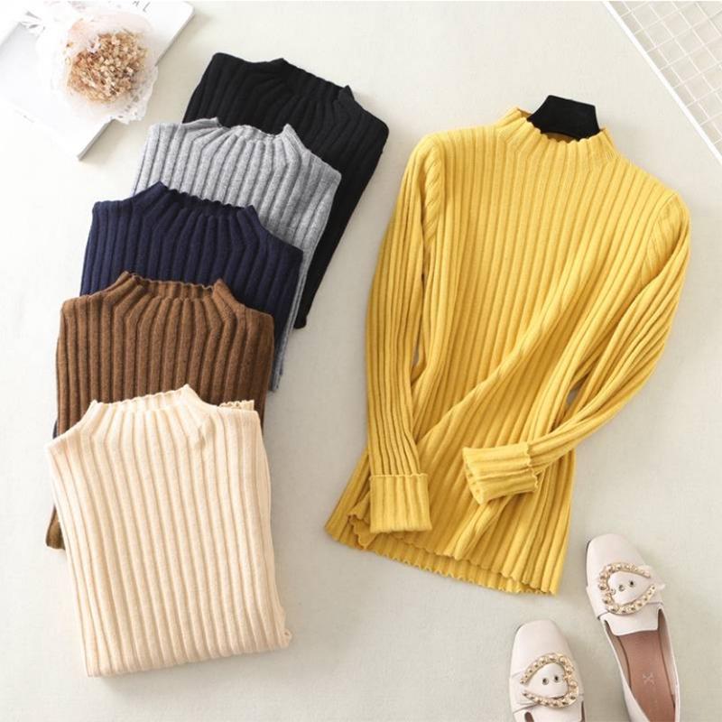 Slim Fit Stripe Sweater Half-High-Neck Solid Color Pullover Base Shirt Sweater