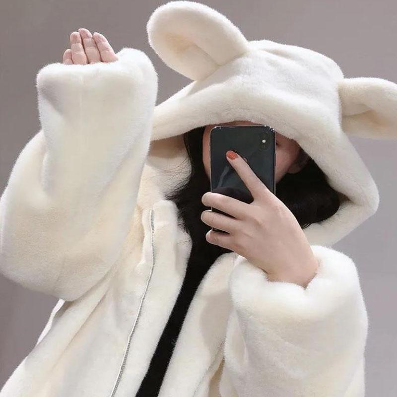 Faux Fur Coat Winter Ladies Cute Bear Ears Plush Thick Warm Hooded Mid-length Fur Coat