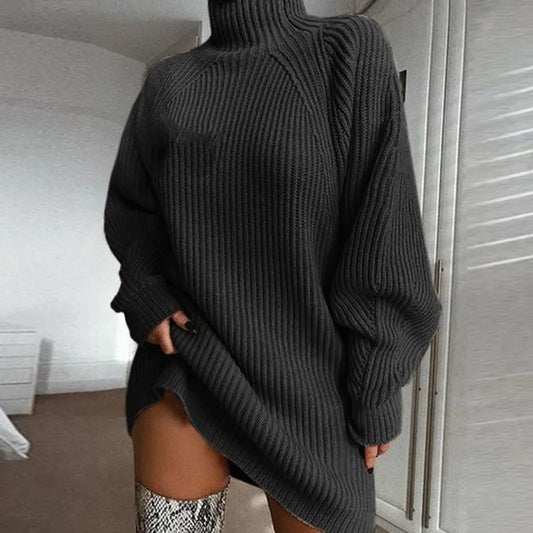 Ladies Half-neck Oversized Sweater Long Solid Color  Autumn and Winter Warm Elegant Sweater Dress