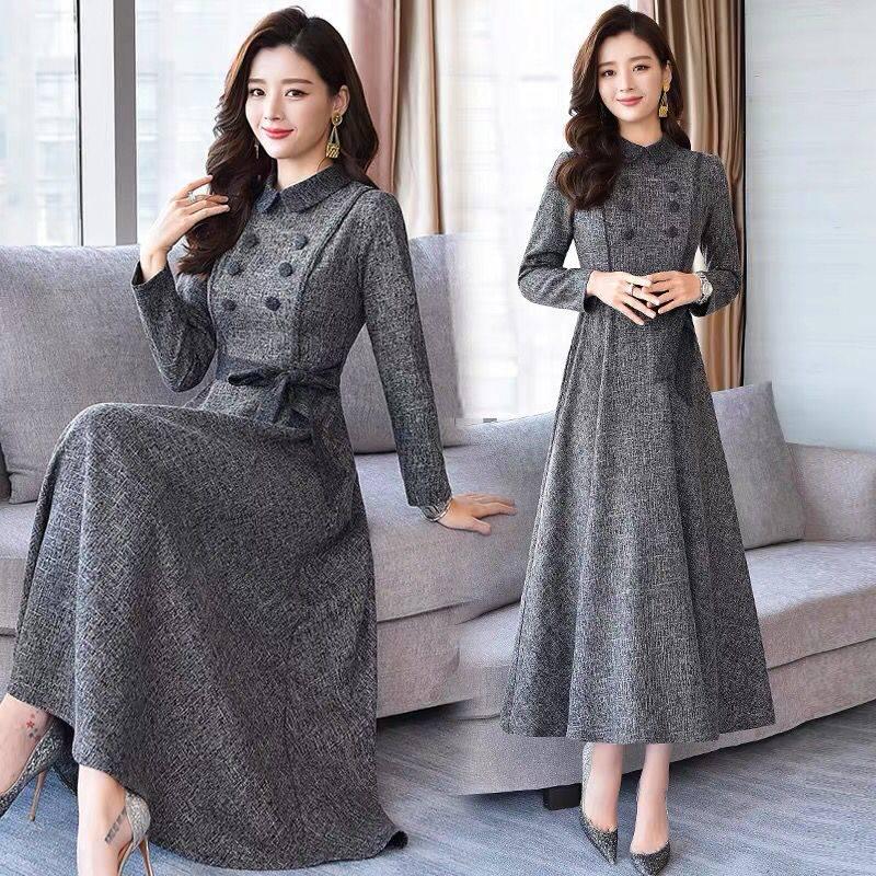 Women Vintage Front Button A-line Party Dress Long Sleeve Elegant Mini Dress Fashion Dress