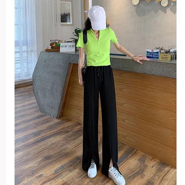 Ice Silk Front Slit Casual Pants Women's Drape High Elastic Waist Wide Leg Pants Straight Loose Long Trousers