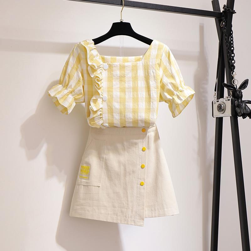Pofulove Summer Women's Slim Skirt Set Flare Sleeve Plaid blouse Irregular short Skirt Two Piece Set