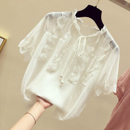Chiffon Shirt Large Size Loose Women's Top Fashion Casual Hollow Lace Up Short Sleeve Top