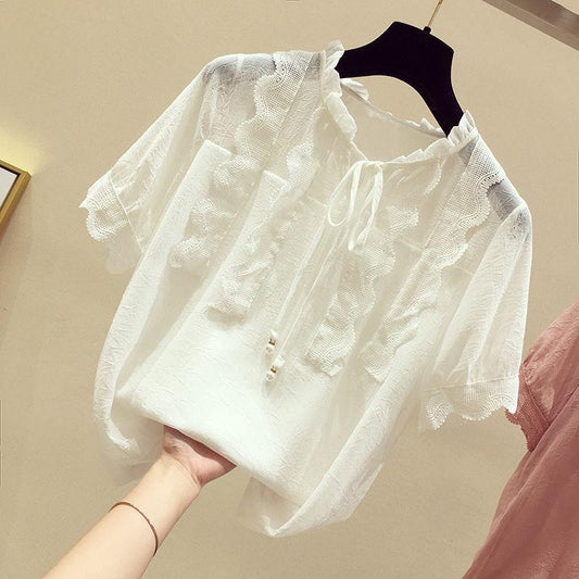 Chiffon Shirt Large Size Loose Women's Top Fashion Casual Hollow Lace Up Short Sleeve Top