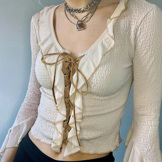 Cute Ruffles Women T-shirts Autumn Gothic Flare Sleeve Bodycon Crop Tops Grunge Lace Up Streetwear Blouses
