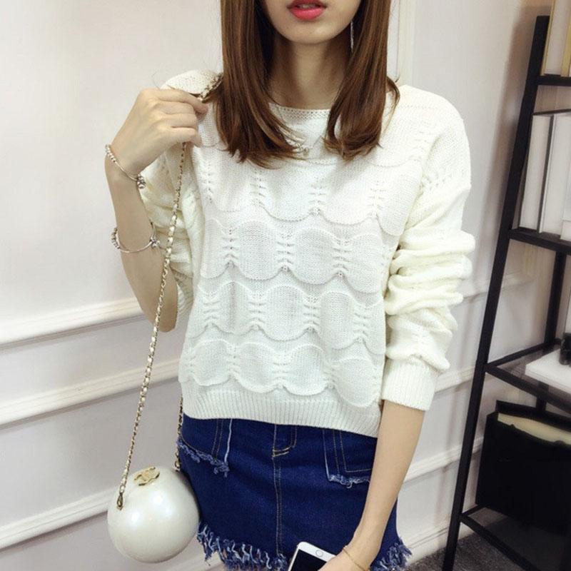 Spring and Autumn Women's Round Neck Loose Short Sweater Fashion Long Sleeve Solid Color Sweater