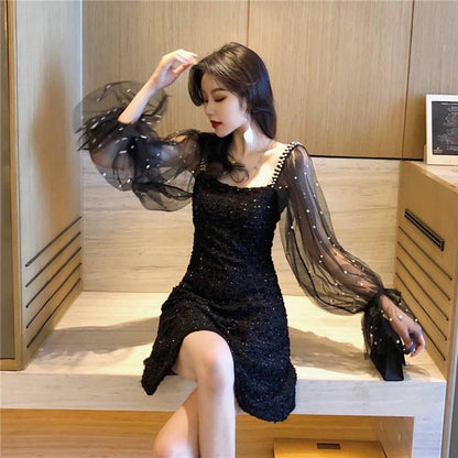 Nightclub Dress Fashion Sexy Slim Slim Wild Net Yarn Bubble Sleeve Temperament Dress Women