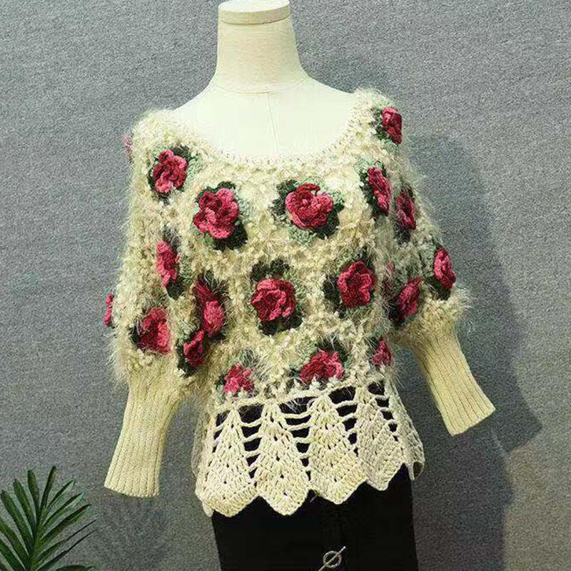 Fall/winter Women Crocheted Knit Jumper Short Pullover Batwing Sweater  Round Neck Mohair Sweater Outwear