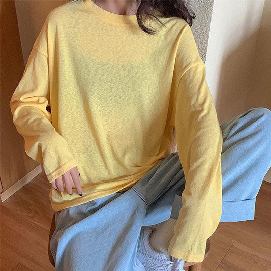 Fall Women's Round O-neck Autumn Long Sleeve Casual Loose T-shirt Blouse Pure color Leisure Tee