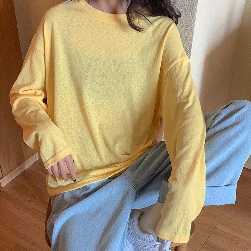 Fall Women's Round O-neck Autumn Long Sleeve Casual Loose T-shirt Blouse Pure color Leisure Tee