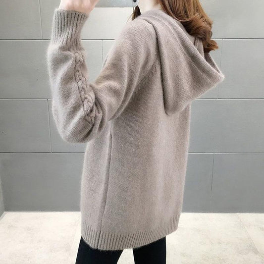 Autumn and Winter Knitted Pullover Sweater Women's Solid Color Loose Bottoming Shirt Hooded Top Coat