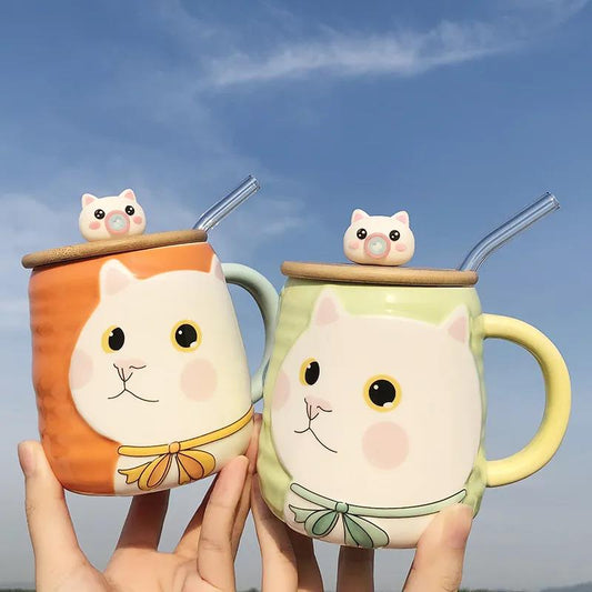 Cute and Cute Ceramic Mug with Lid Spoon Female Student High-value Couple Breakfast Coffee Drinking Cup Ins