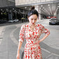 Chiffon Floral Fairy Dress French Style V-neck Temperament High Waist Thin Ruffle Dress Sweet and Lovely Temperament Elegant Chiffon Dress