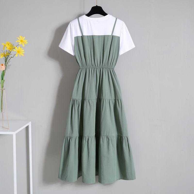 Plus Size Dress Women Summer A-line Long Dress Short-sleeve Pleated Dress