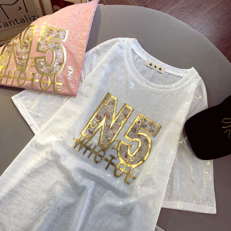 Mid-length Short-sleeved T-shirt Women's Loose Pullover All-match Blouse Ladies Loose Casual Round Neck Short-sleeved Shiny Surface