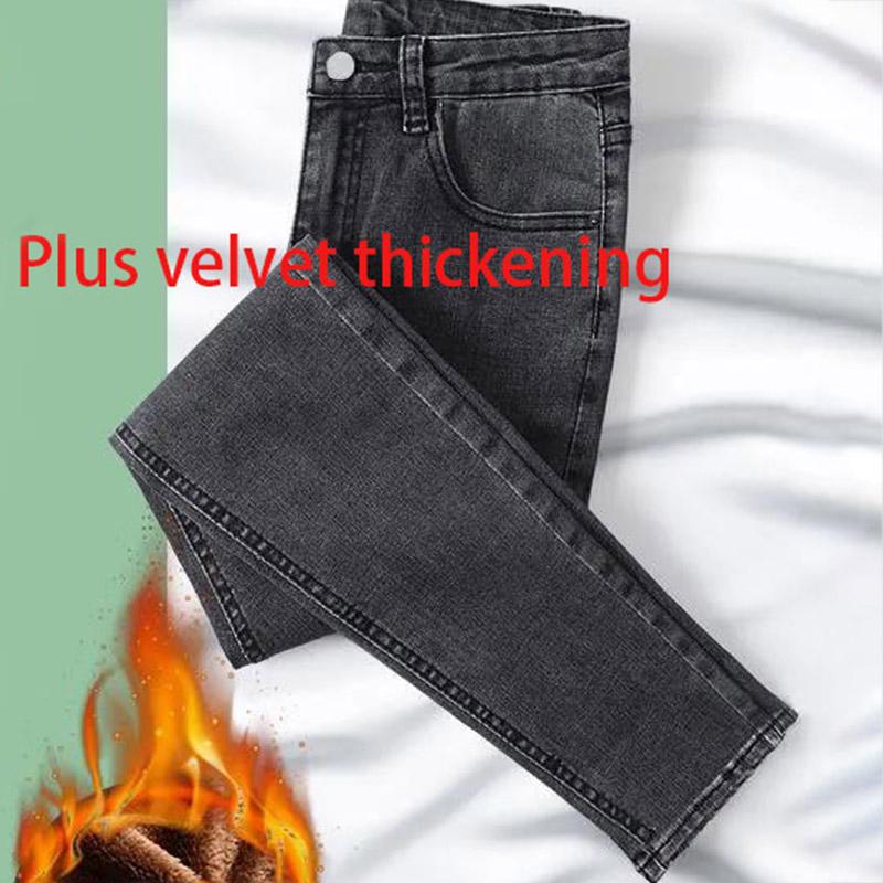 Winter Women's High-waisted Nine-point Jeans with Velvet Thickened and Thin All-match Stretch and Velvet Slim Outer Wear Pants