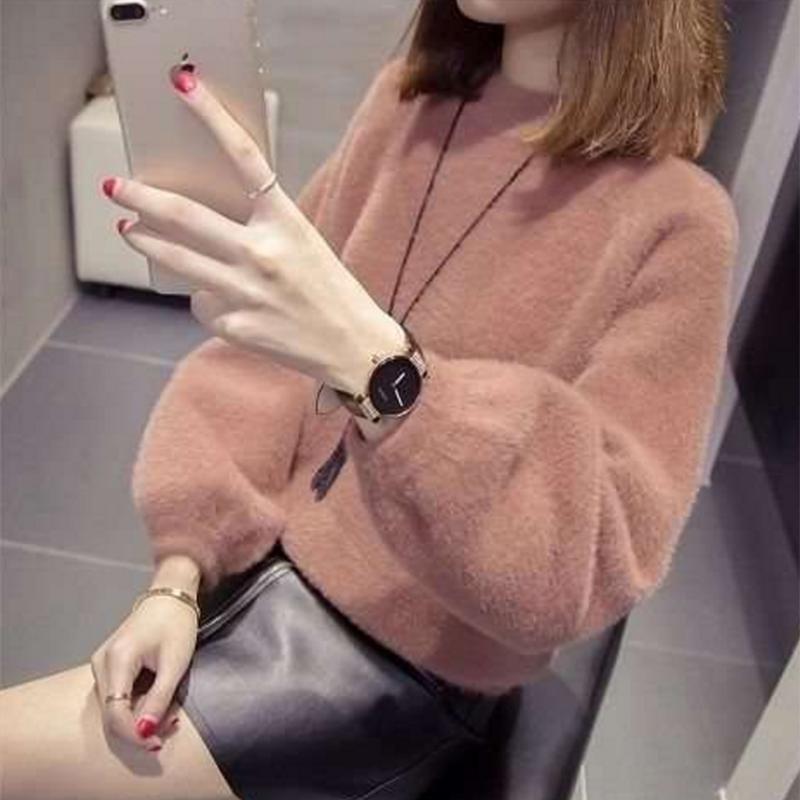 PofuLove Autumn and Winter Bottoming Shirt Mink Velvet Bow Sweater Women Hooded Loose Jacket Short