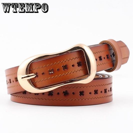 Hollow leather belt ladies leather thin belt fashion hipster students solid color belt