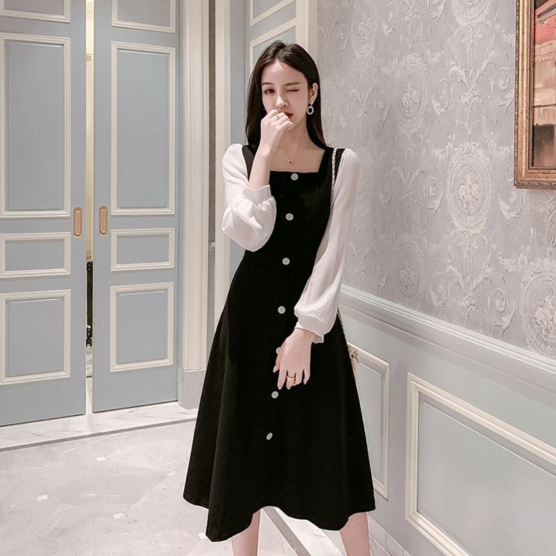 Ladies' Retro Temperament, Small Incense Wind Receiving Waist Thin Mid-length Dress Female Black and White Stitching Long Sleeve Dress