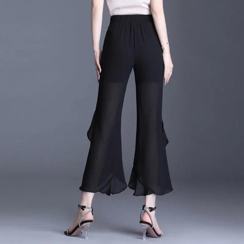 WTEMPO Chiffon Summer Women Casual Ladies Flare Long Pants  Bell Bottoms Large Size M-XXXL Cropped Trousers