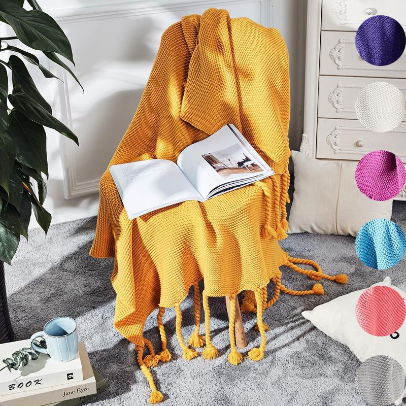 Nordic Plain Knitted Blanket Fringed Sofa Blanket Coarse Thread Nap Blanket