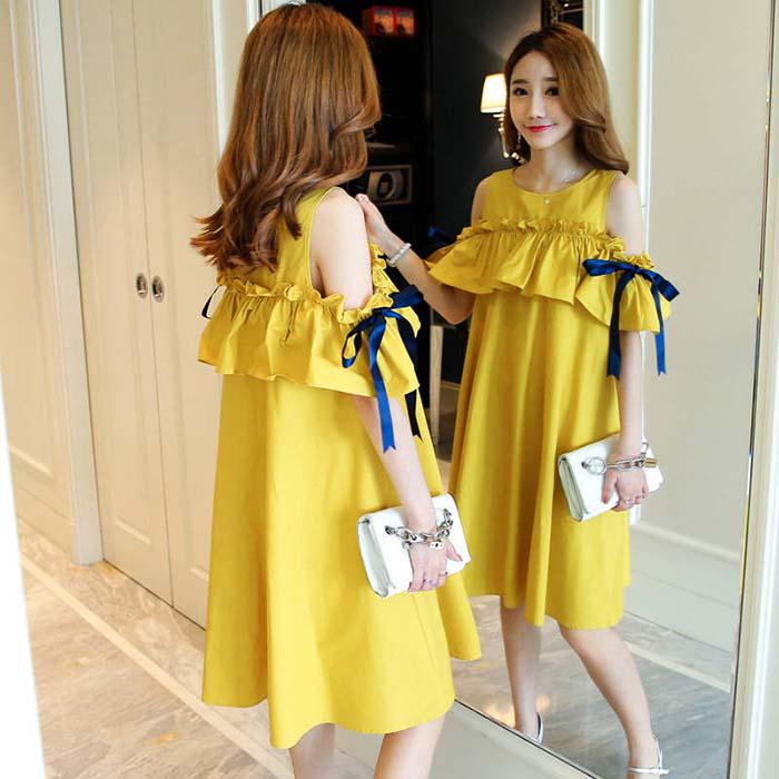 Pofulove Women Solid Color Off Shoulder Shirt Dress Office Lady Loose Thin Mid-length A-line Dress
