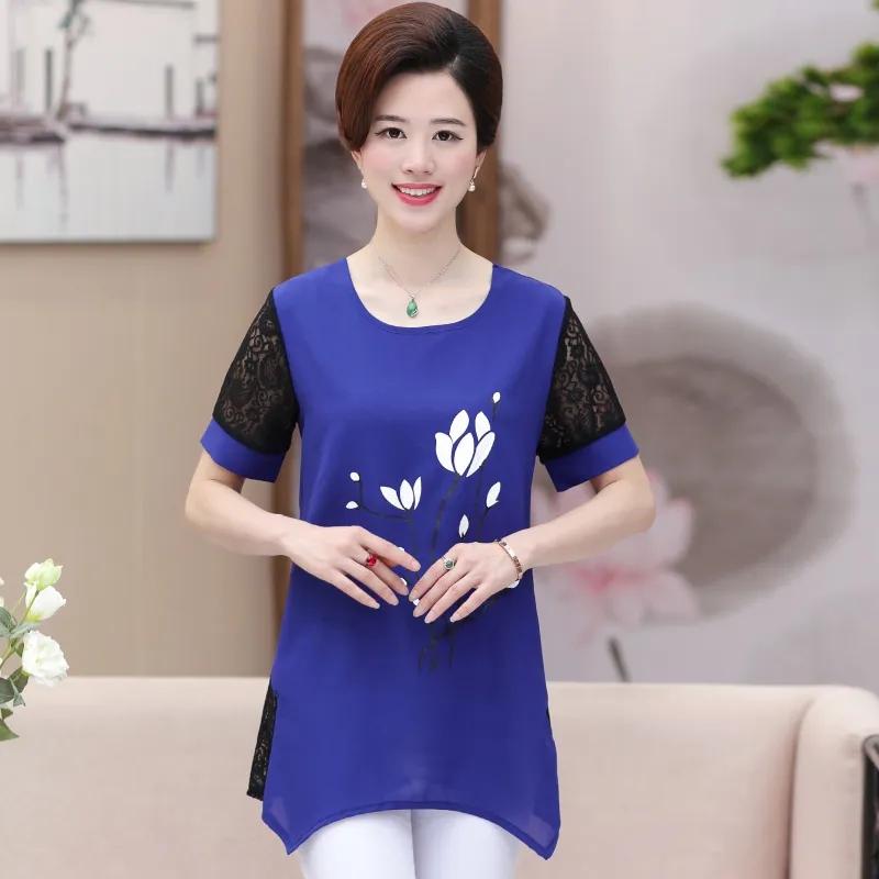 Middle-aged and Elderly Women's Large Size Summer Chiffon Short-sleeved T-shirt Mid-length Bottoming Shirt Top