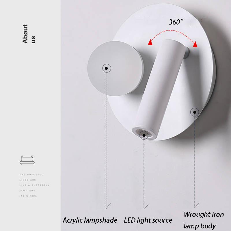 LED wall lamp 360 degree rotation adjustable bedside lights bedroom bedside Wall lamp with switch
